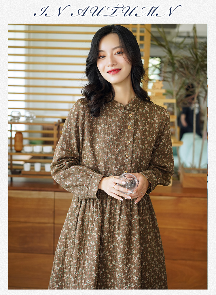 Retro Women's Clothing 2021 New Long Sleeve Floral Dress Autumn and Winter Tight Waist Small Temperament A- line Dress Wholesale
