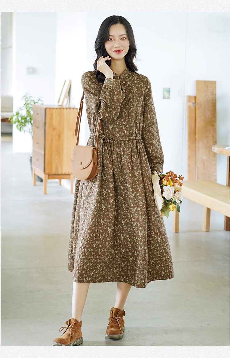 Retro Women's Clothing 2021 New Long Sleeve Floral Dress Autumn and Winter Tight Waist Small Temperament A- line Dress Wholesale