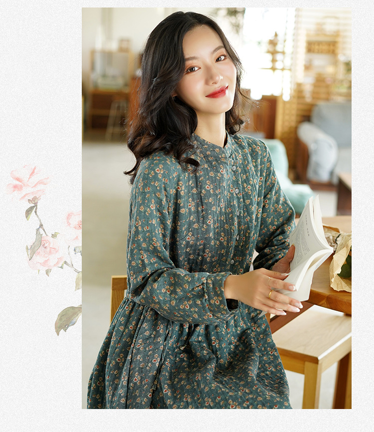 Retro Women's Clothing 2021 New Long Sleeve Floral Dress Autumn and Winter Tight Waist Small Temperament A- line Dress Wholesale