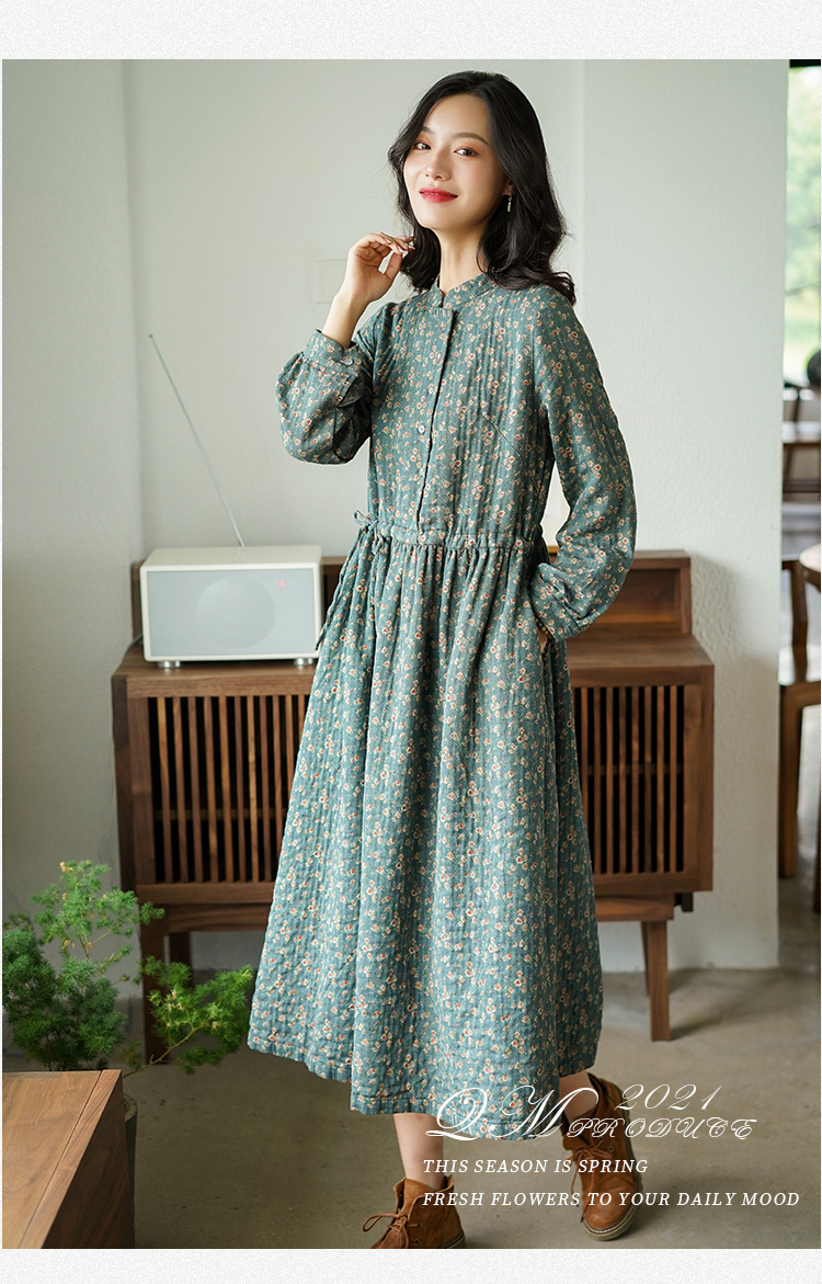 Retro Women's Clothing 2021 New Long Sleeve Floral Dress Autumn and Winter Tight Waist Small Temperament A- line Dress Wholesale