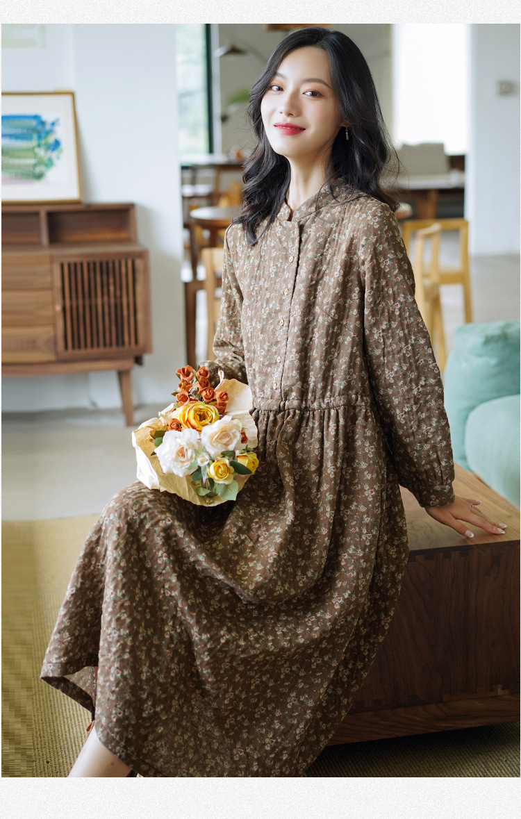 Retro Women's Clothing 2021 New Long Sleeve Floral Dress Autumn and Winter Tight Waist Small Temperament A- line Dress Wholesale