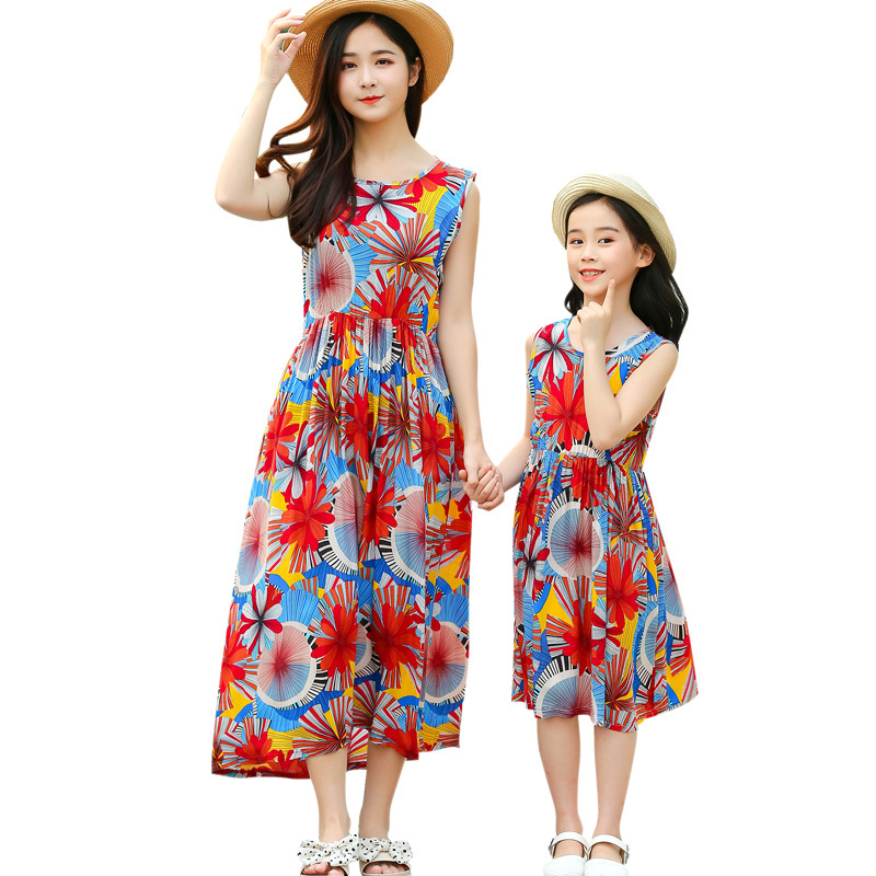2021 New Parent-Child Summer Mother-Daughter Matching Outfit Beach Dress Children&#039;s Cotton Silk Gauze Dress Girls&#039; Mid-Length Dress