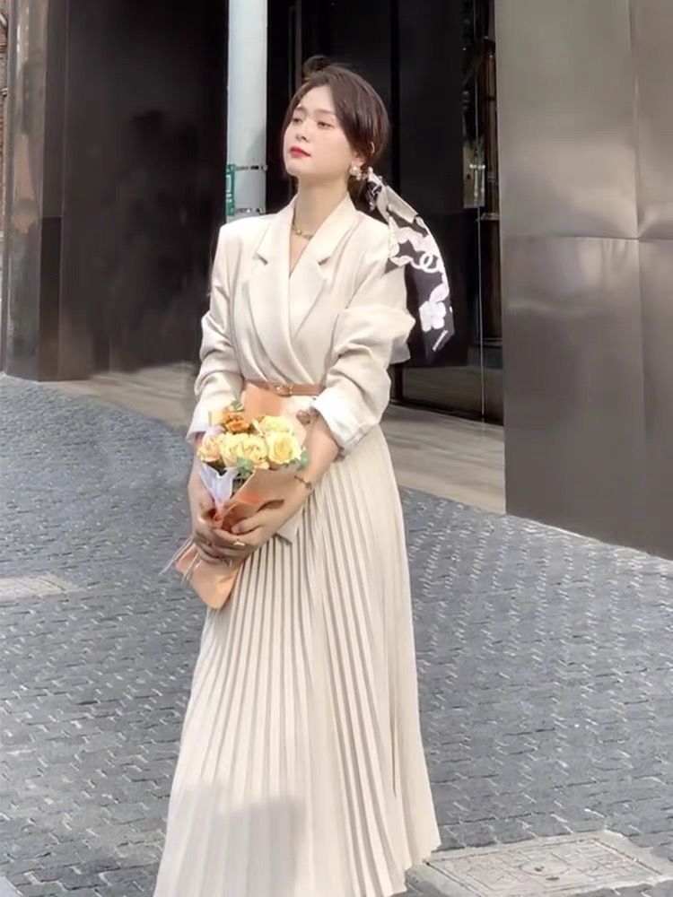 Korean Style Dress Stitching Fake Two-Piece Suit Pleated 2021 Autumn Korean Style Fashion Design Suit Long Skirt