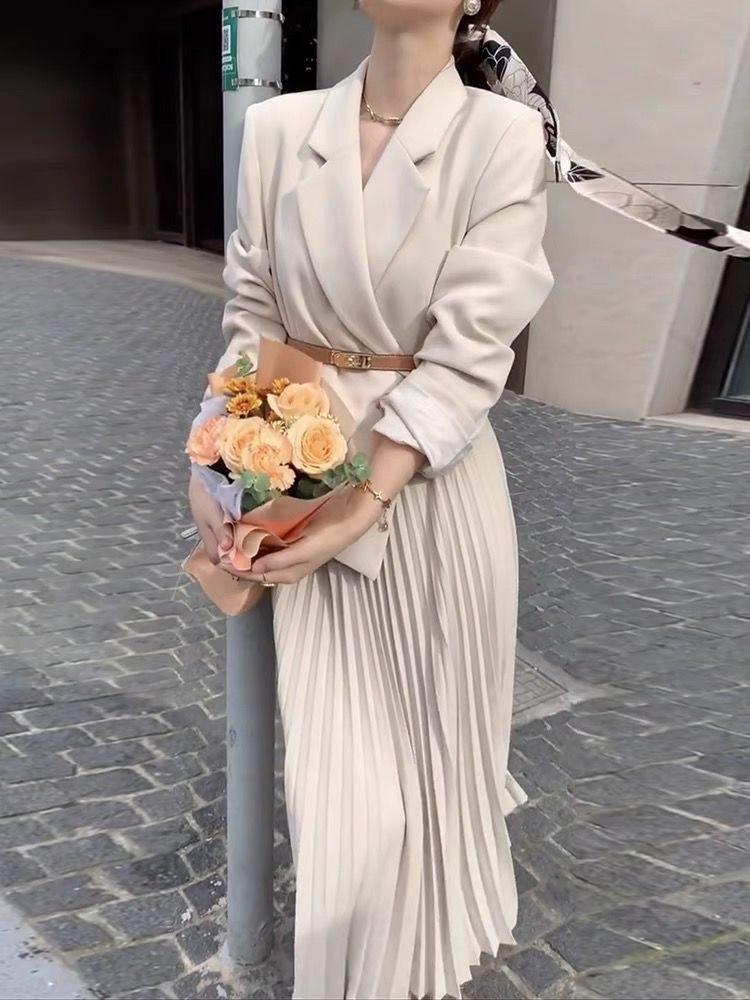Korean Style Dress Stitching Fake Two-Piece Suit Pleated 2021 Autumn Korean Style Fashion Design Suit Long Skirt