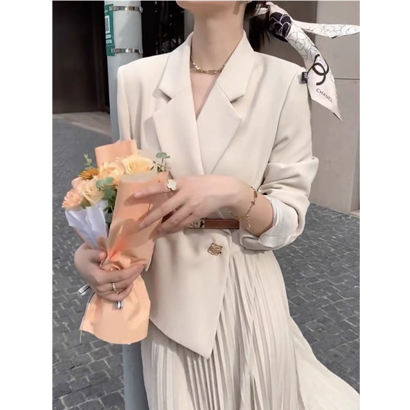 Korean Style Dress Stitching Fake Two-Piece Suit Pleated 2021 Autumn Korean Style Fashion Design Suit Long Skirt