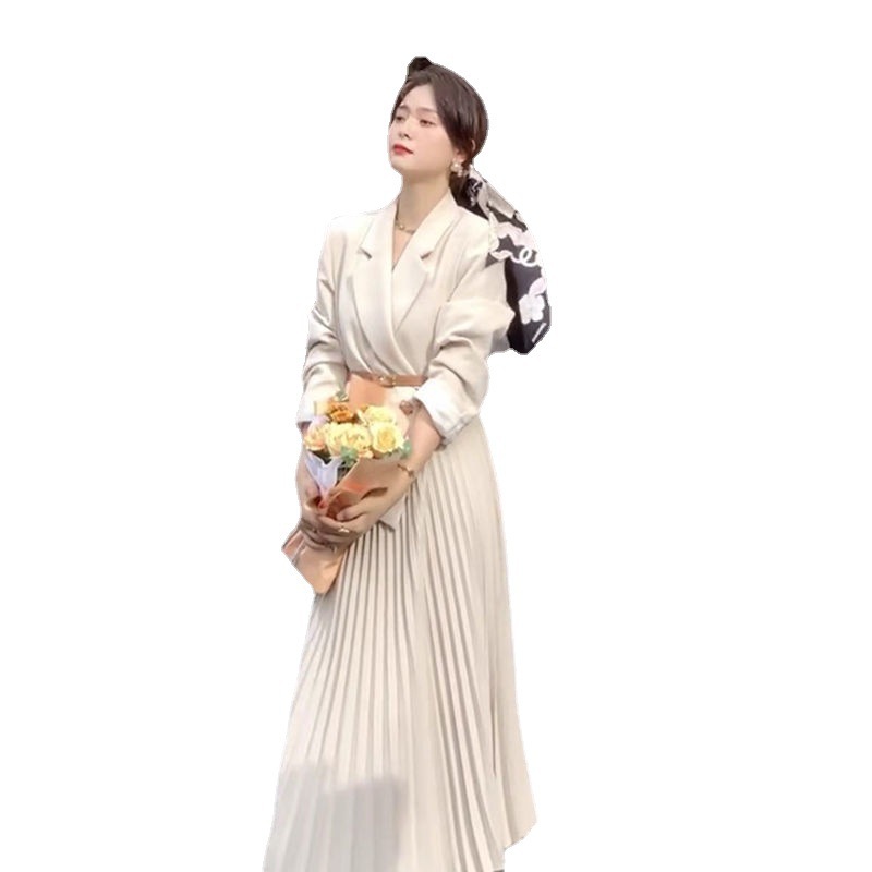 Korean Style Dress Stitching Fake Two-Piece Suit Pleated 2021 Autumn Korean Style Fashion Design Suit Long Skirt