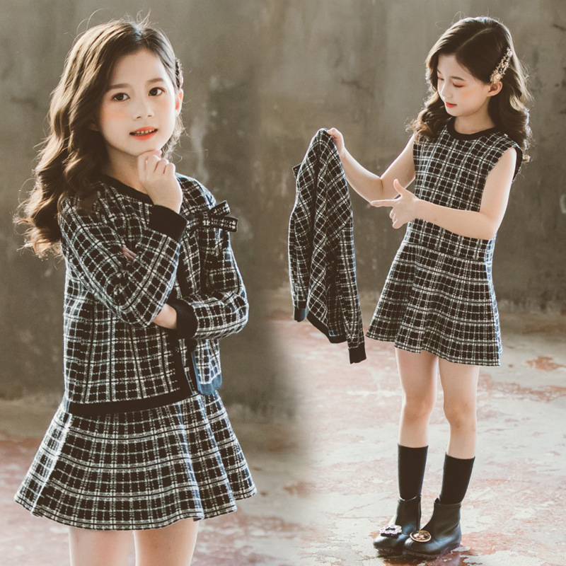 Internet Hot 21 New Autumn Spring Children&#039;s Clothing Chanel-Style Vest Skirt Set Spring and Autumn Woolen Skirt Girls&#039; Two-Piece Dress