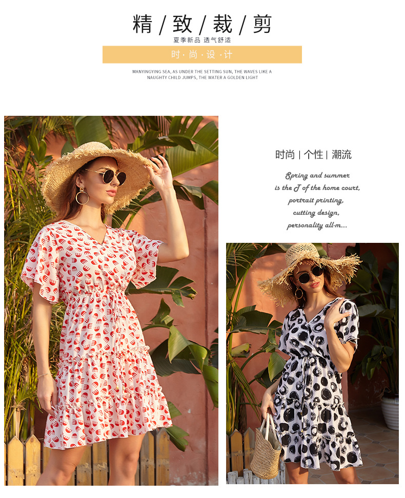 Amazon Cross-Border 2021 European and American Foreign Trade Women's Clothing Chiffon Floral V-neck Lace-up Dress Women's French Casual