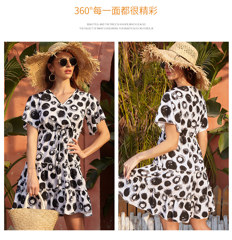 Amazon Cross-Border 2021 European and American Foreign Trade Women's Clothing Chiffon Floral V-neck Lace-up Dress Women's French Casual