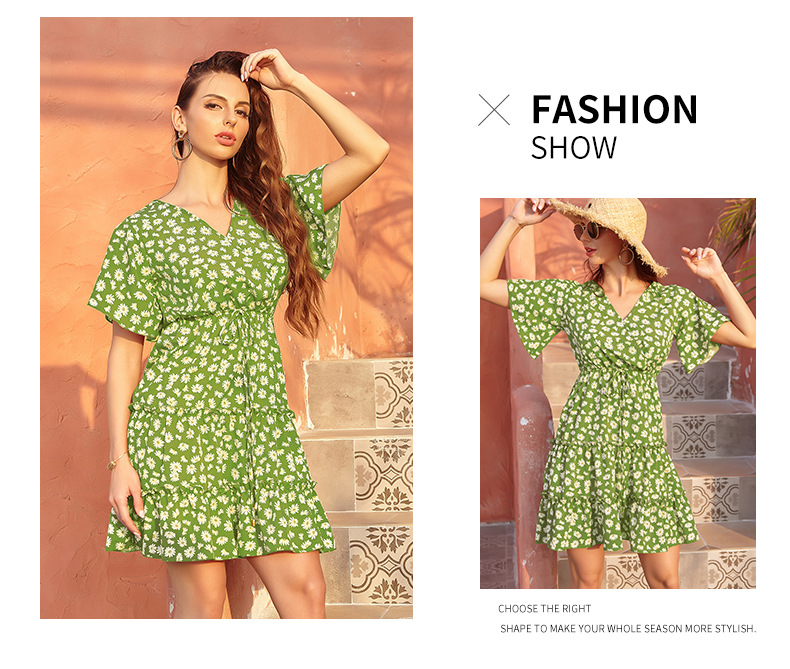 Amazon Cross-Border 2021 European and American Foreign Trade Women's Clothing Chiffon Floral V-neck Lace-up Dress Women's French Casual