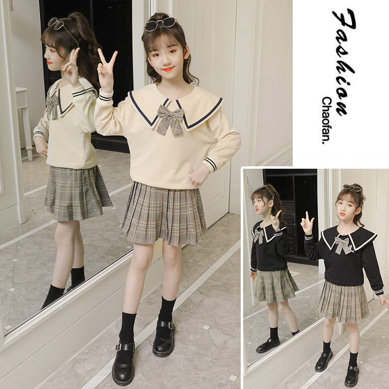 Girls&#039; Preppy Style Suit 2021 New Spring and Autumn Clothing Children&#039;s Western Style JK Uniform Pleated Skirt Dress Two-Piece Set
