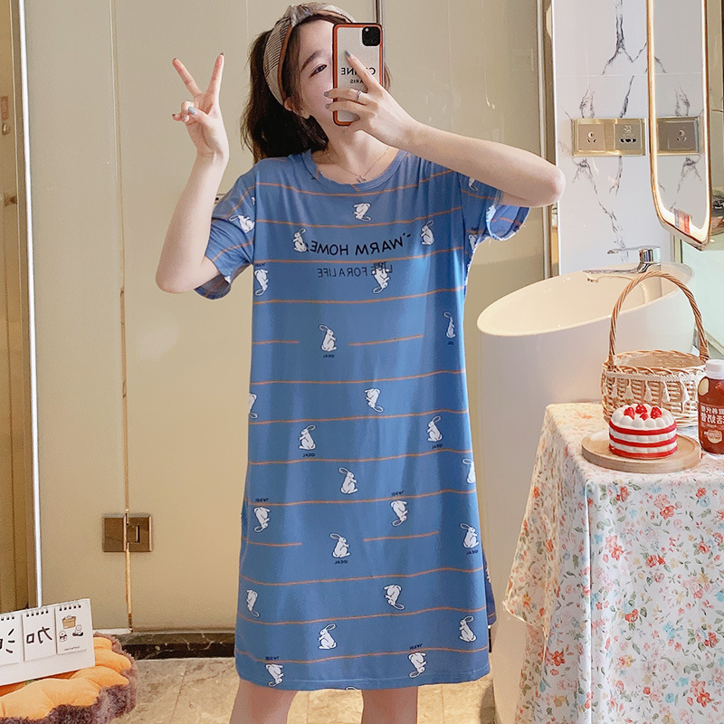 Summer Short Sleeve Night Dress Female Korean Ins Student Mid-Length Dress Loose Large Size Milk Silk Cartoon Thin