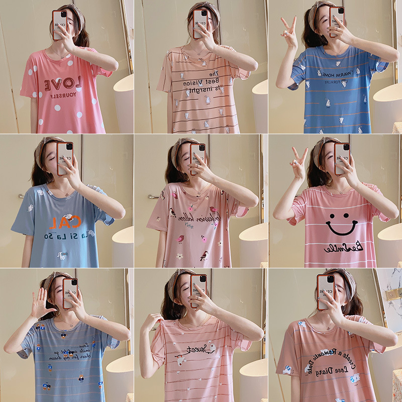 Summer Short Sleeve Night Dress Female Korean Ins Student Mid-Length Dress Loose Large Size Milk Silk Cartoon Thin