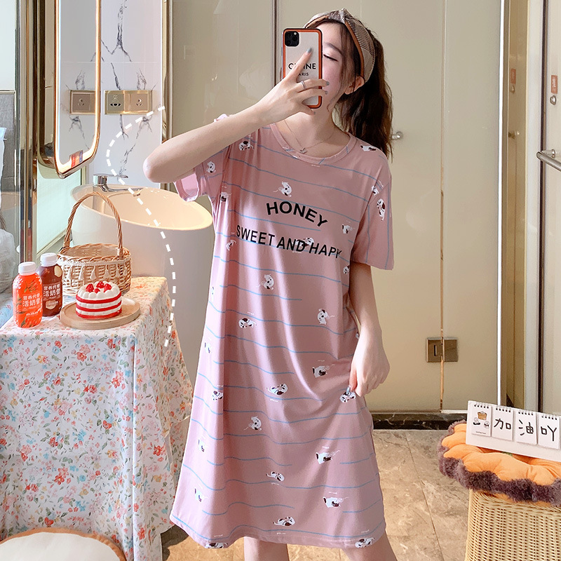 Summer Short Sleeve Night Dress Female Korean Ins Student Mid-Length Dress Loose Large Size Milk Silk Cartoon Thin