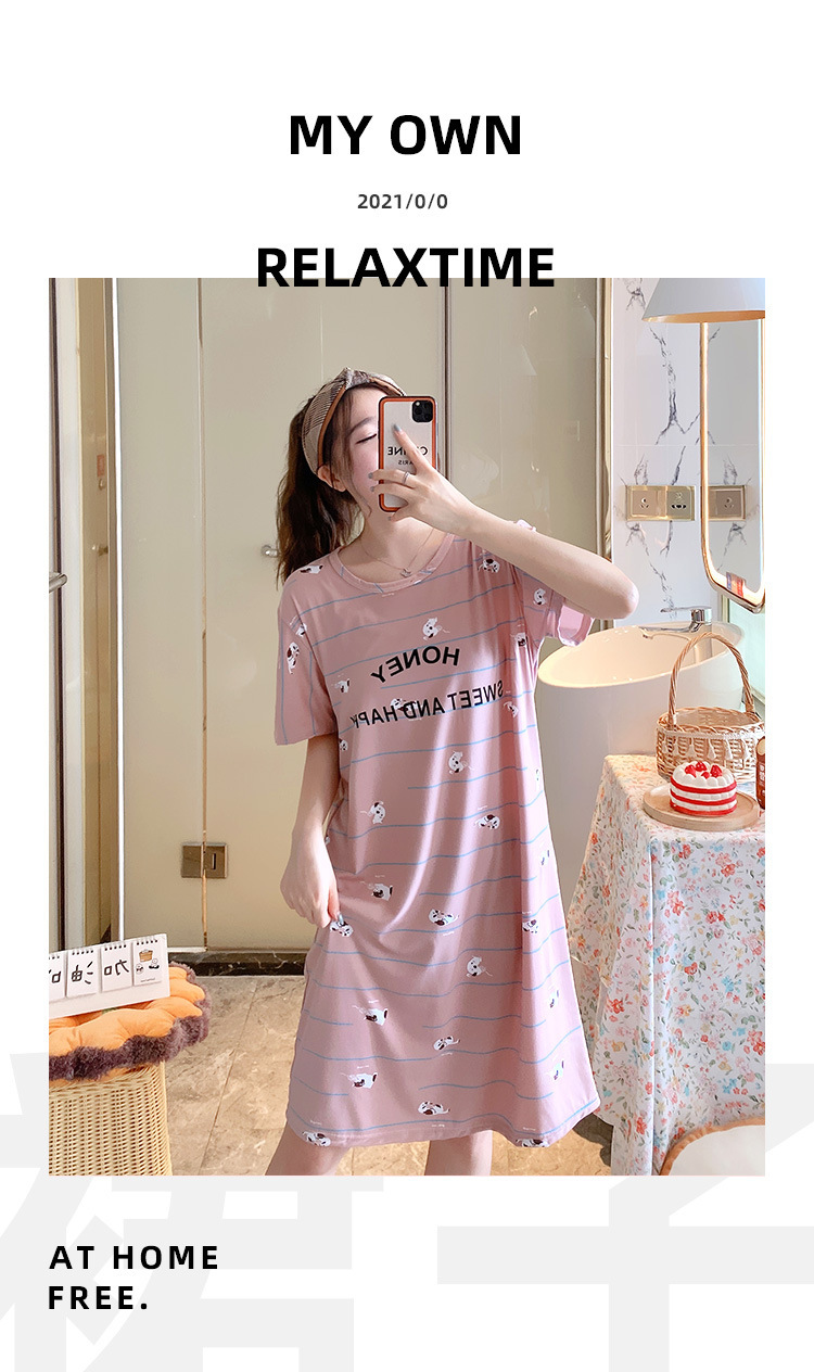 Summer Short Sleeve Night Dress Female Korean Ins Student Mid-Length Dress Loose Large Size Milk Silk Cartoon Thin Summer Short Sleeve Night Dress Female Korean Ins Student Mid-Length Dress Loose Large Size Milk Silk Cartoon Thin