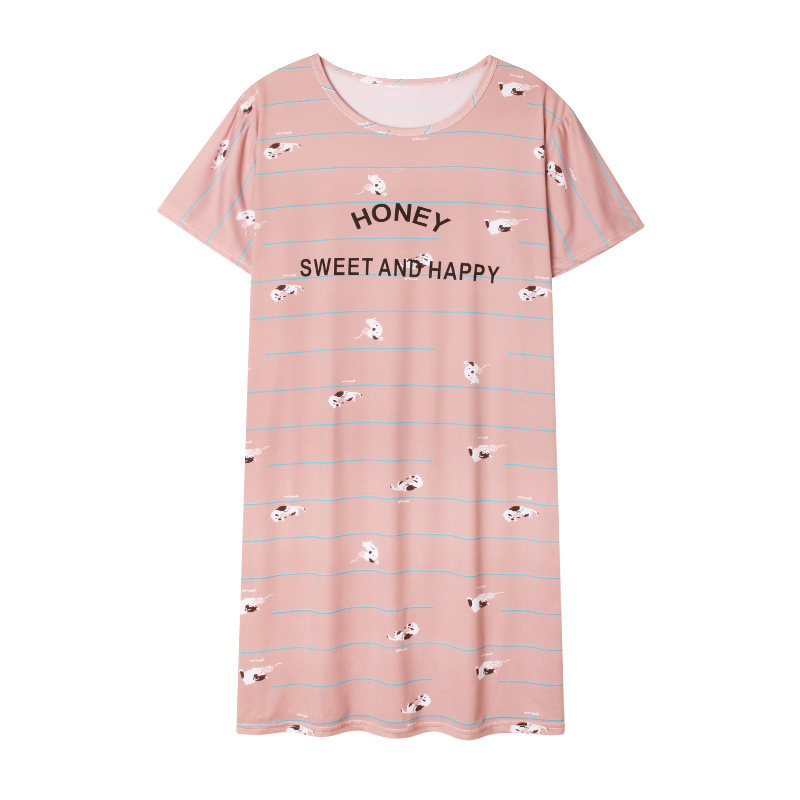 Summer Short Sleeve Night Dress Female Korean Ins Student Mid-Length Dress Loose Large Size Milk Silk Cartoon Thin
