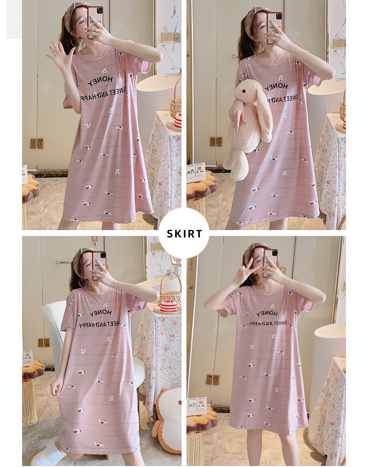 Summer Short Sleeve Night Dress Female Korean Ins Student Mid-Length Dress Loose Large Size Milk Silk Cartoon Thin Summer Short Sleeve Night Dress Female Korean Ins Student Mid-Length Dress Loose Large Size Milk Silk Cartoon Thin
