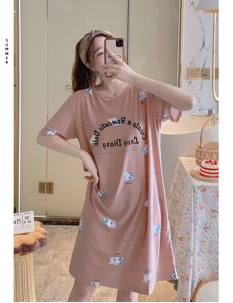 Summer Short Sleeve Night Dress Female Korean Ins Student Mid-Length Dress Loose Large Size Milk Silk Cartoon Thin Summer Short Sleeve Night Dress Female Korean Ins Student Mid-Length Dress Loose Large Size Milk Silk Cartoon Thin