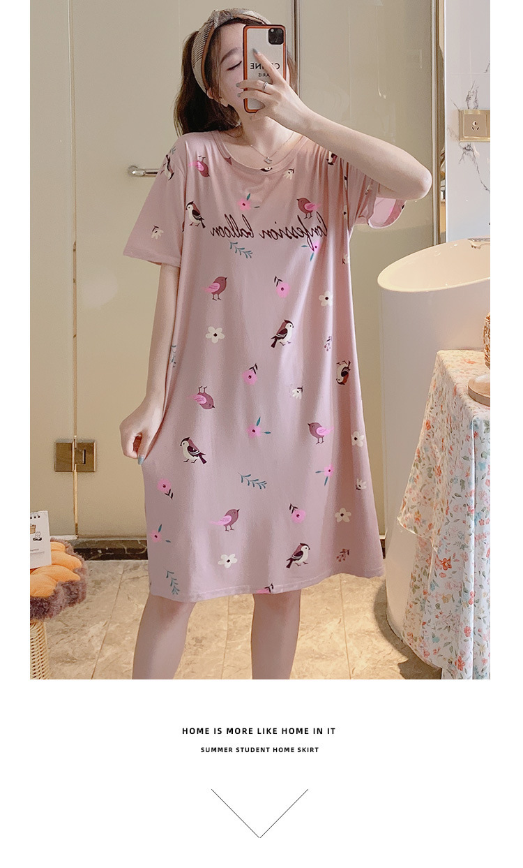 Summer Short Sleeve Night Dress Female Korean Ins Student Mid-Length Dress Loose Large Size Milk Silk Cartoon Thin Summer Short Sleeve Night Dress Female Korean Ins Student Mid-Length Dress Loose Large Size Milk Silk Cartoon Thin