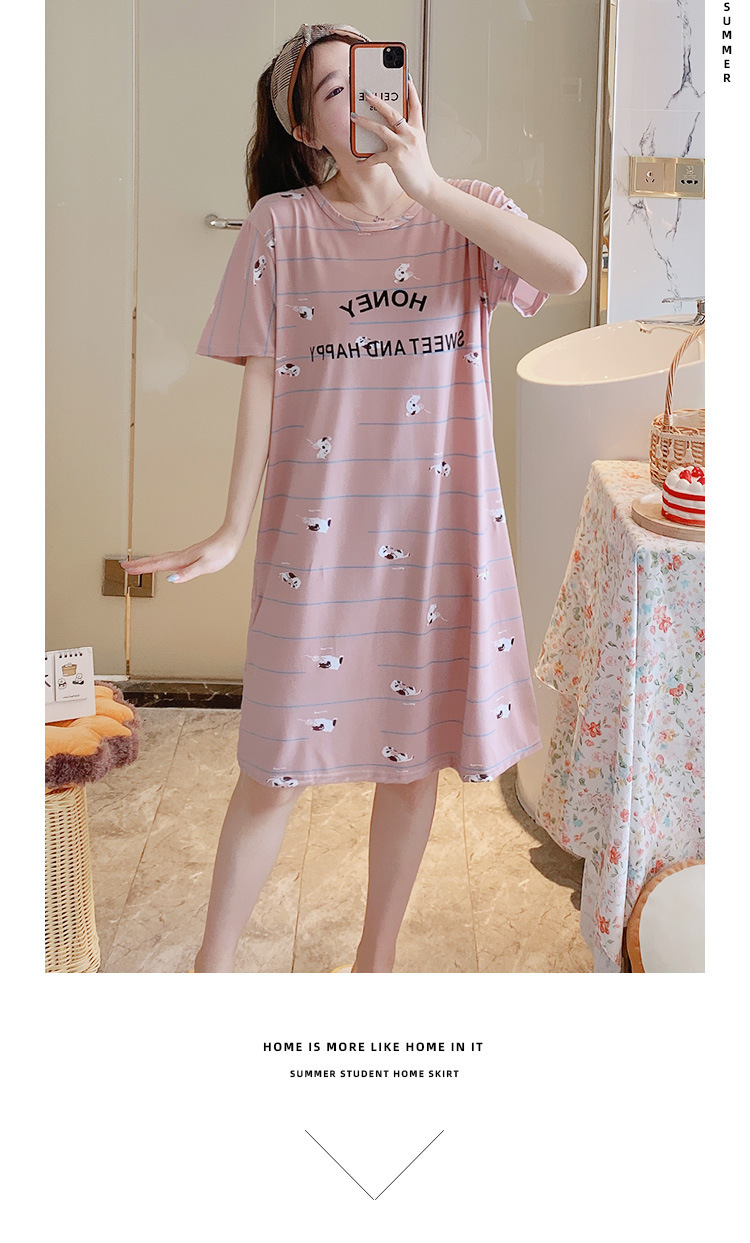 Summer Short Sleeve Night Dress Female Korean Ins Student Mid-Length Dress Loose Large Size Milk Silk Cartoon Thin Summer Short Sleeve Night Dress Female Korean Ins Student Mid-Length Dress Loose Large Size Milk Silk Cartoon Thin