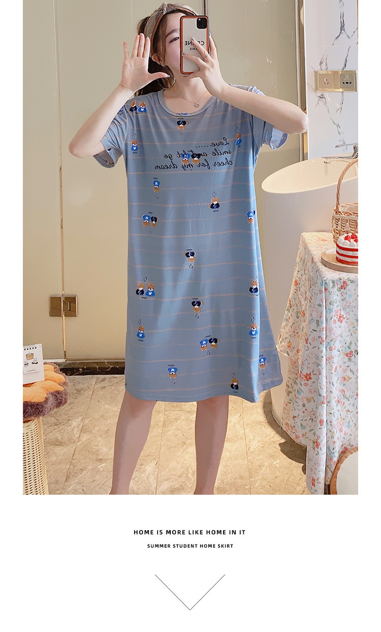 Summer Short Sleeve Night Dress Female Korean Ins Student Mid-Length Dress Loose Large Size Milk Silk Cartoon Thin Summer Short Sleeve Night Dress Female Korean Ins Student Mid-Length Dress Loose Large Size Milk Silk Cartoon Thin