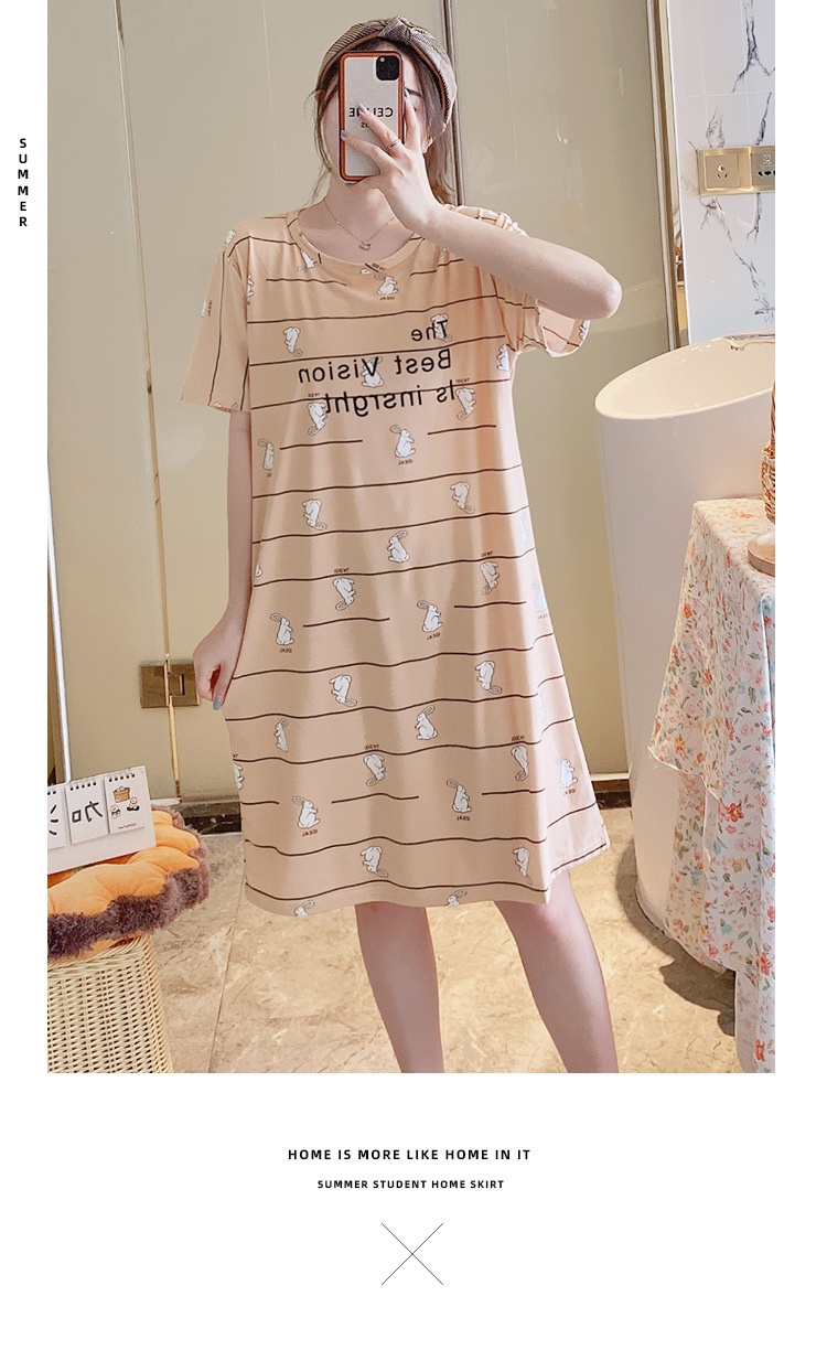 Summer Short Sleeve Night Dress Female Korean Ins Student Mid-Length Dress Loose Large Size Milk Silk Cartoon Thin Summer Short Sleeve Night Dress Female Korean Ins Student Mid-Length Dress Loose Large Size Milk Silk Cartoon Thin