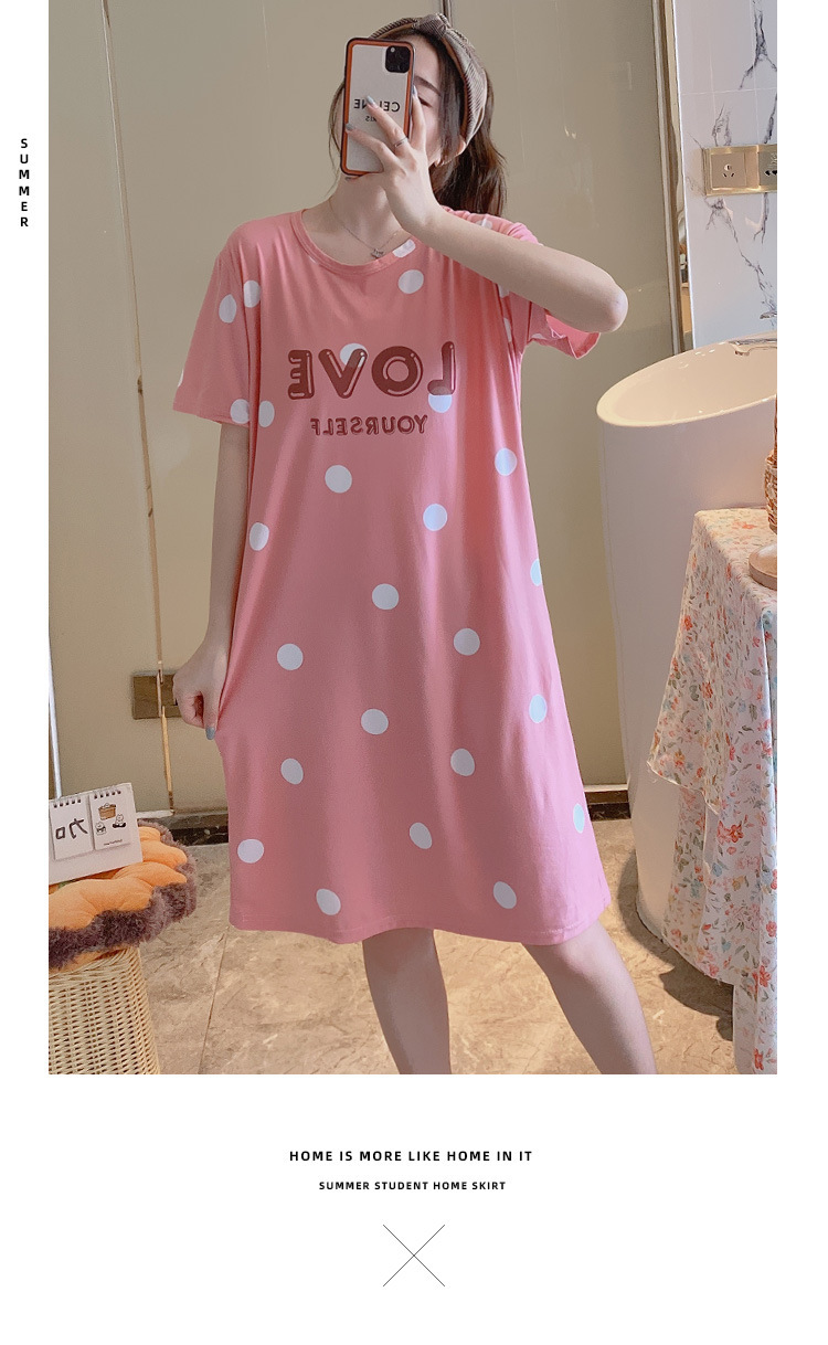 Summer Short Sleeve Night Dress Female Korean Ins Student Mid-Length Dress Loose Large Size Milk Silk Cartoon Thin Summer Short Sleeve Night Dress Female Korean Ins Student Mid-Length Dress Loose Large Size Milk Silk Cartoon Thin