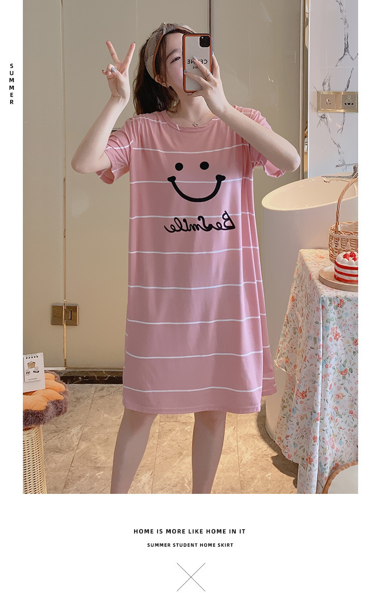 Summer Short Sleeve Night Dress Female Korean Ins Student Mid-Length Dress Loose Large Size Milk Silk Cartoon Thin Summer Short Sleeve Night Dress Female Korean Ins Student Mid-Length Dress Loose Large Size Milk Silk Cartoon Thin