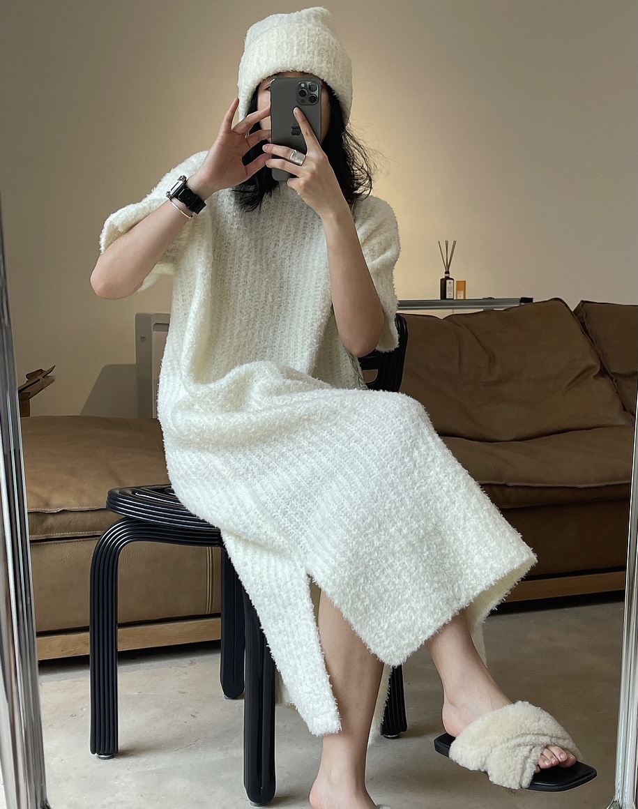 Early Spring New Korean Style Gentle Temperament Pullover Sweater with Short Sleeves Dress Loose Slimming Soft Knitted Dress for Women