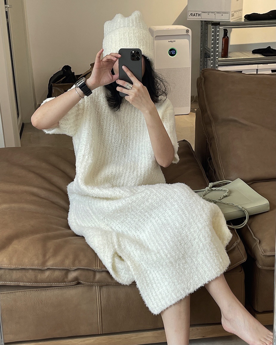 Early Spring New Korean Style Gentle Temperament Pullover Sweater with Short Sleeves Dress Loose Slimming Soft Knitted Dress for Women