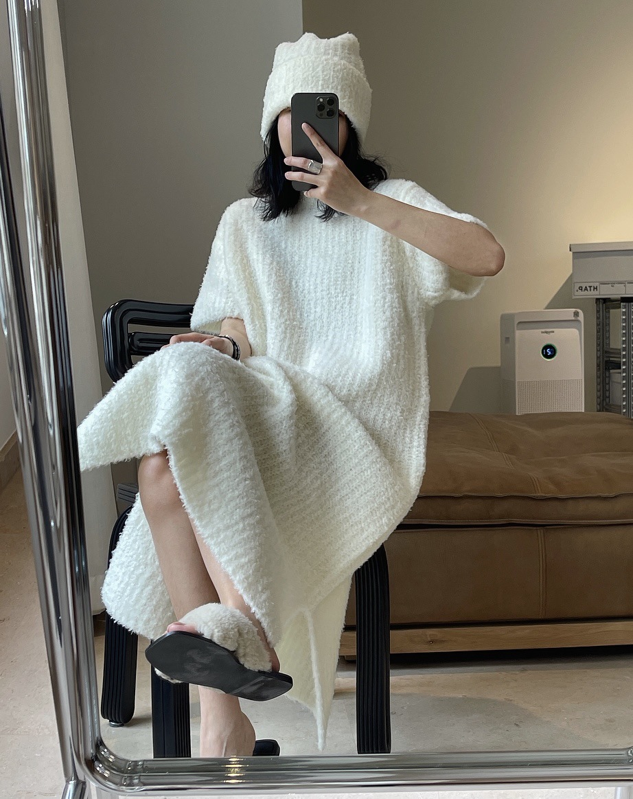 Early Spring New Korean Style Gentle Temperament Pullover Sweater with Short Sleeves Dress Loose Slimming Soft Knitted Dress for Women