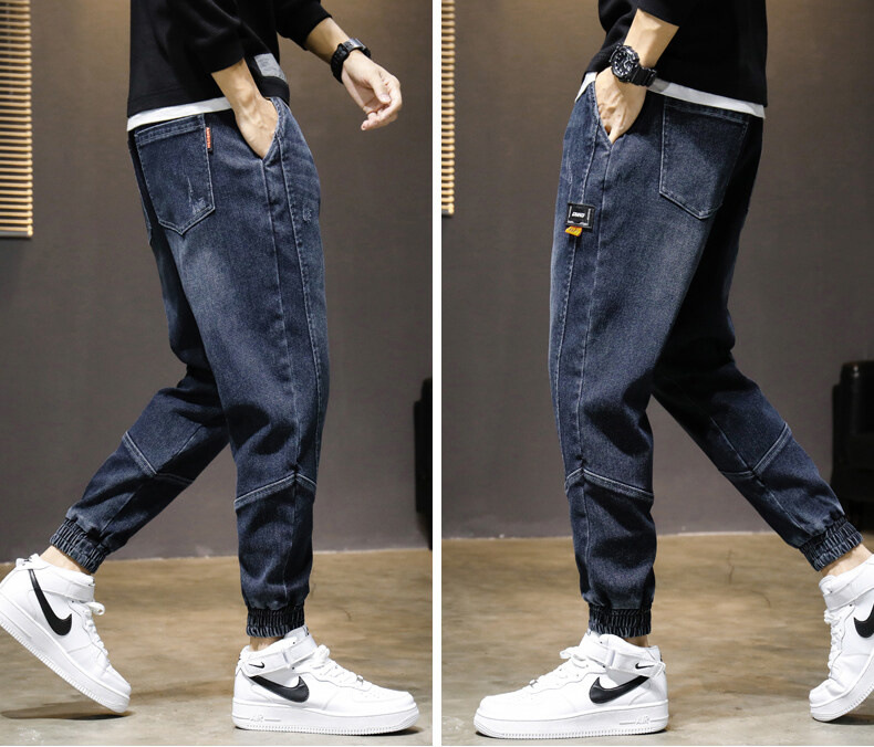 Jeans Men's Spring, Autumn and Winter Korean Style Loose Ankle Length Cargo Pants Ankle-Tied Jeans Men's Tether Casual Long Pants