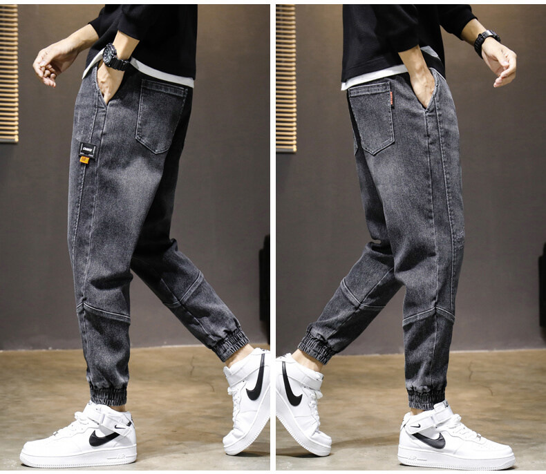 Jeans Men's Spring, Autumn and Winter Korean Style Loose Ankle Length Cargo Pants Ankle-Tied Jeans Men's Tether Casual Long Pants