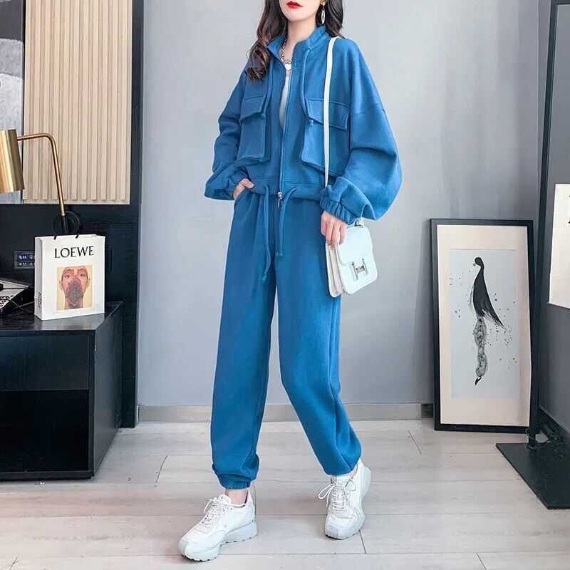 Fashion Casual Exercise Suit Female 2022 Spring and Autumn New Pure Color All-Matching Loose-Fitting Slimming Pants Two-Piece Suit Female Fashion