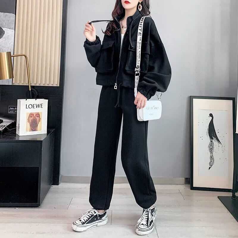 Fashion Casual Exercise Suit Female 2022 Spring and Autumn New Pure Color All-Matching Loose-Fitting Slimming Pants Two-Piece Suit Female Fashion