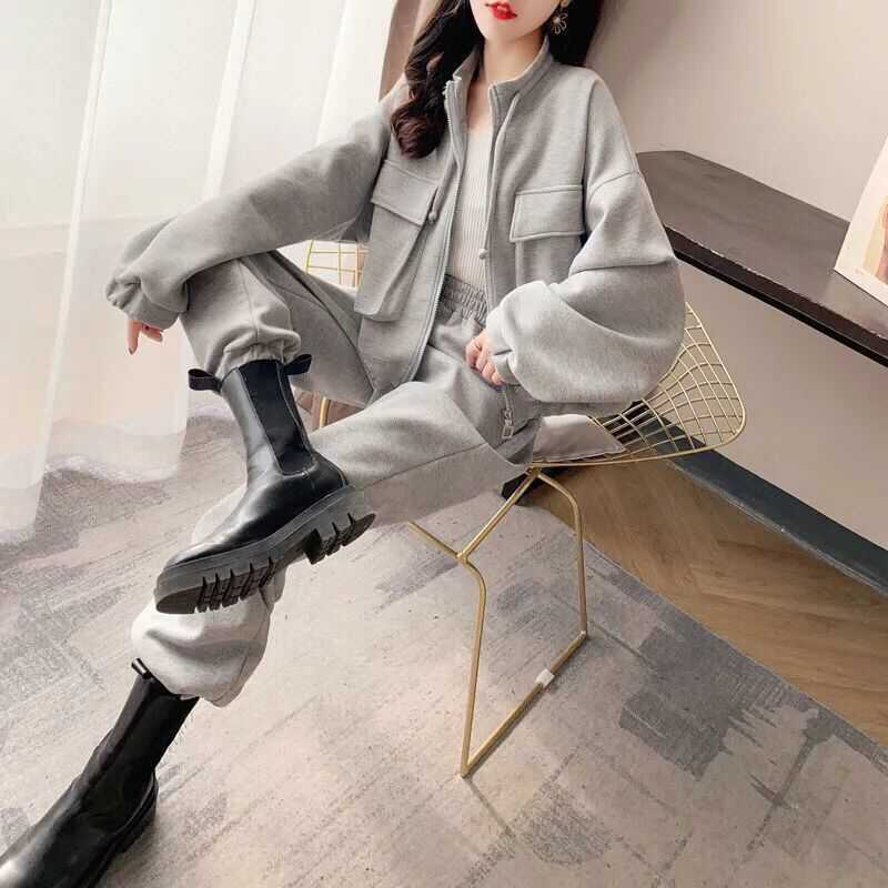 Fashion Casual Exercise Suit Female 2022 Spring and Autumn New Pure Color All-Matching Loose-Fitting Slimming Pants Two-Piece Suit Female Fashion
