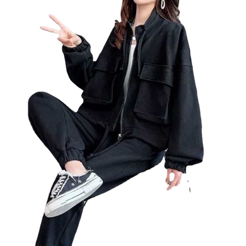 Fashion Casual Exercise Suit Female 2022 Spring and Autumn New Pure Color All-Matching Loose-Fitting Slimming Pants Two-Piece Suit Female Fashion