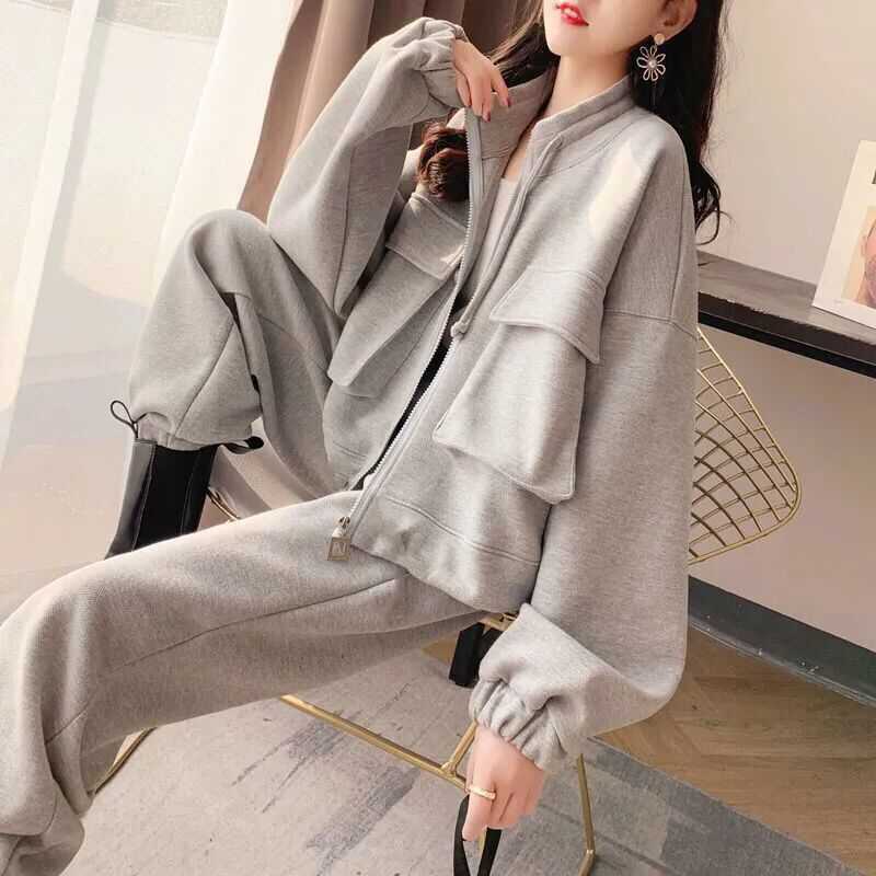 Fashion Casual Exercise Suit Female 2022 Spring and Autumn New Pure Color All-Matching Loose-Fitting Slimming Pants Two-Piece Suit Female Fashion