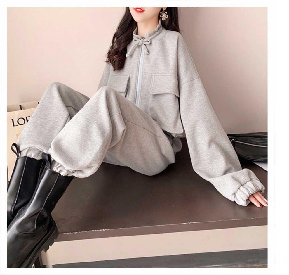 Fashion Casual Exercise Suit Female 2022 Spring and Autumn New Pure Color All-Matching Loose-Fitting Slimming Pants Two-Piece Suit Female Fashion