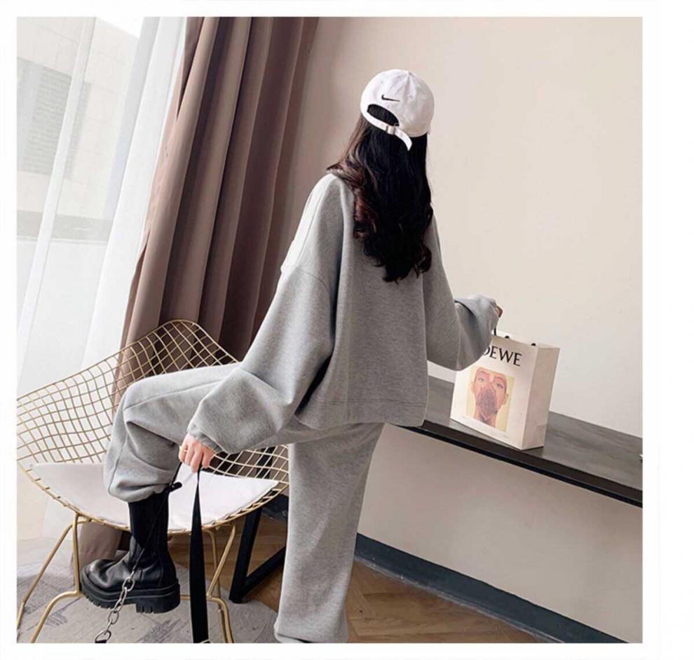 Fashion Casual Exercise Suit Female 2022 Spring and Autumn New Pure Color All-Matching Loose-Fitting Slimming Pants Two-Piece Suit Female Fashion