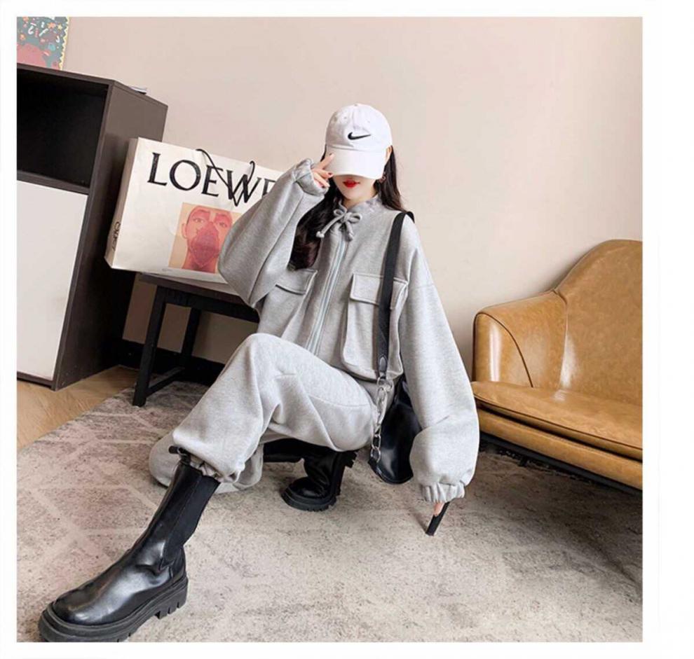 Fashion Casual Exercise Suit Female 2022 Spring and Autumn New Pure Color All-Matching Loose-Fitting Slimming Pants Two-Piece Suit Female Fashion
