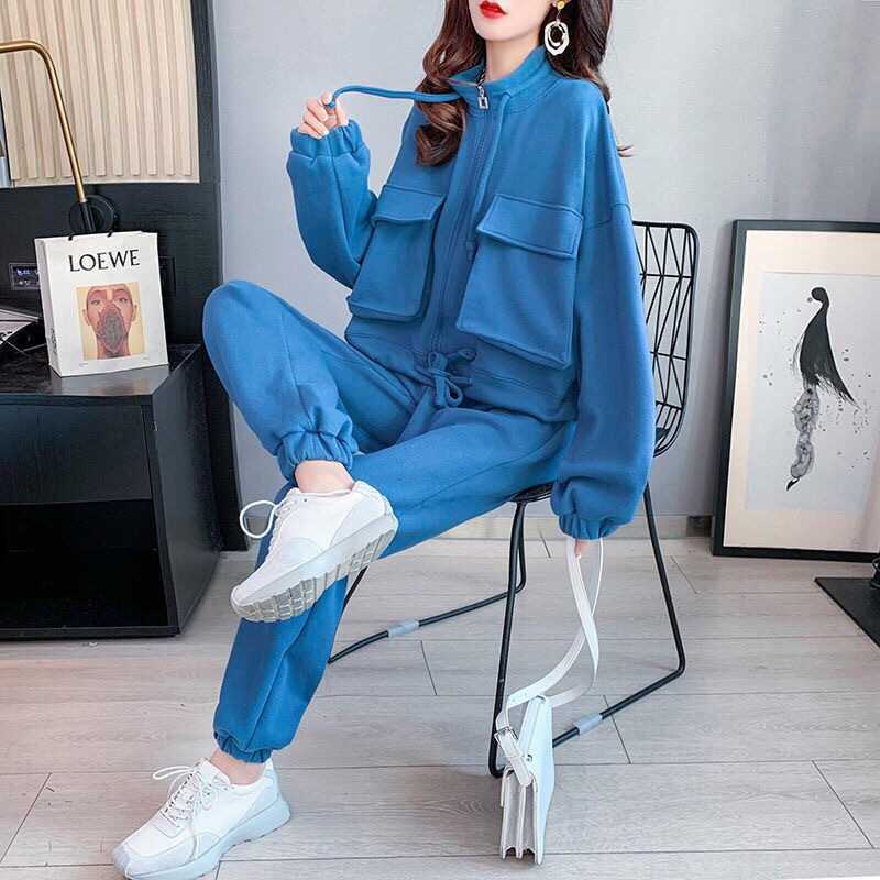 Fashion Casual Exercise Suit Female 2022 Spring and Autumn New Pure Color All-Matching Loose-Fitting Slimming Pants Two-Piece Suit Female Fashion