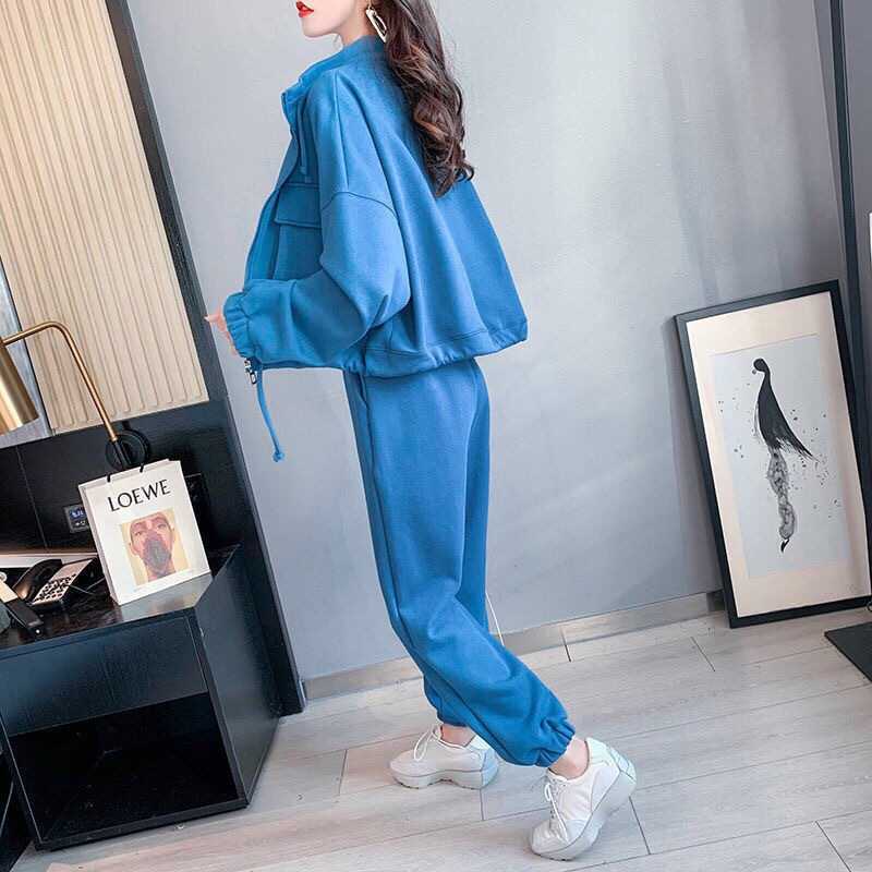 Fashion Casual Exercise Suit Female 2022 Spring and Autumn New Pure Color All-Matching Loose-Fitting Slimming Pants Two-Piece Suit Female Fashion