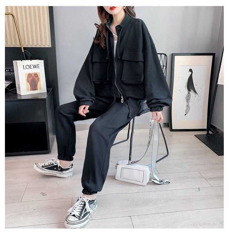 Fashion Casual Exercise Suit Female 2022 Spring and Autumn New Pure Color All-Matching Loose-Fitting Slimming Pants Two-Piece Suit Female Fashion