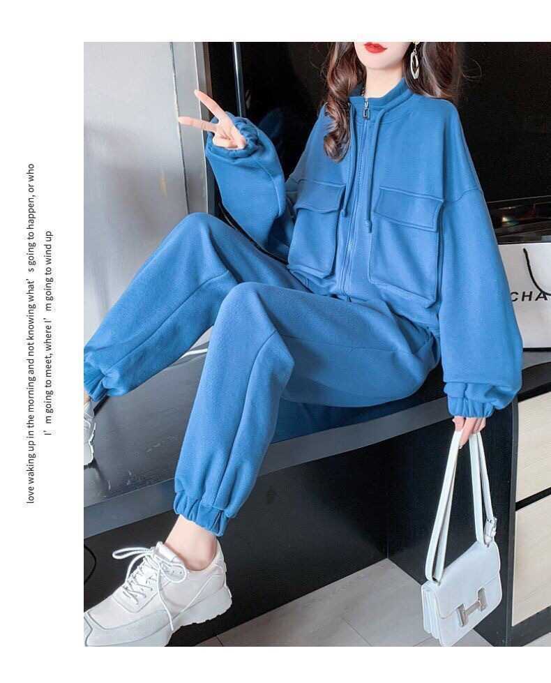 Fashion Casual Exercise Suit Female 2022 Spring and Autumn New Pure Color All-Matching Loose-Fitting Slimming Pants Two-Piece Suit Female Fashion
