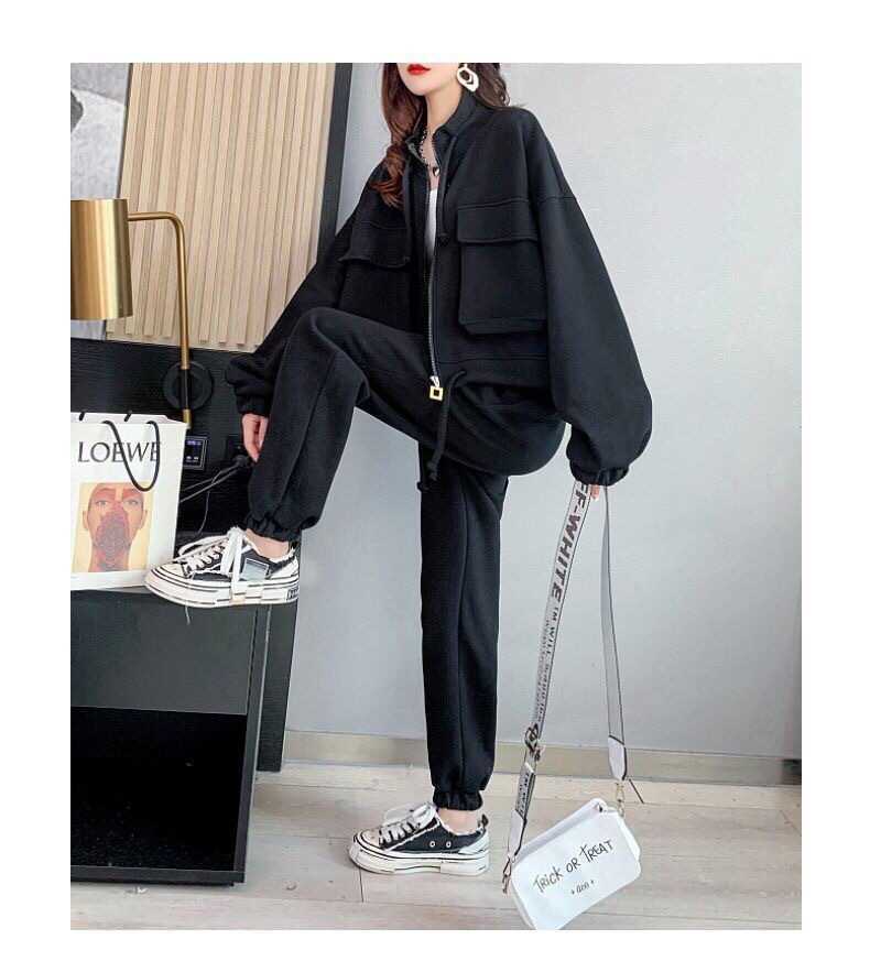 Fashion Casual Exercise Suit Female 2022 Spring and Autumn New Pure Color All-Matching Loose-Fitting Slimming Pants Two-Piece Suit Female Fashion