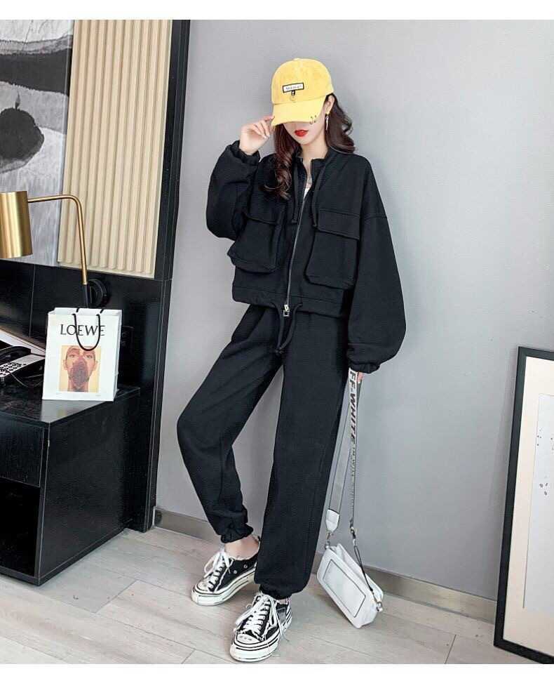 Fashion Casual Exercise Suit Female 2022 Spring and Autumn New Pure Color All-Matching Loose-Fitting Slimming Pants Two-Piece Suit Female Fashion