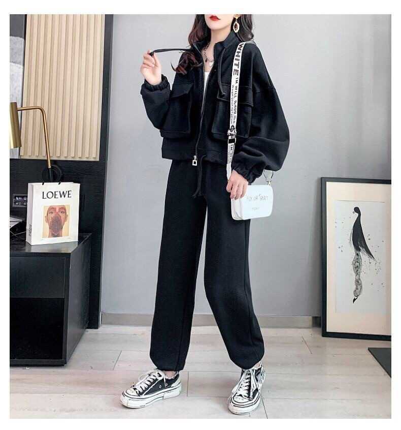 Fashion Casual Exercise Suit Female 2022 Spring and Autumn New Pure Color All-Matching Loose-Fitting Slimming Pants Two-Piece Suit Female Fashion