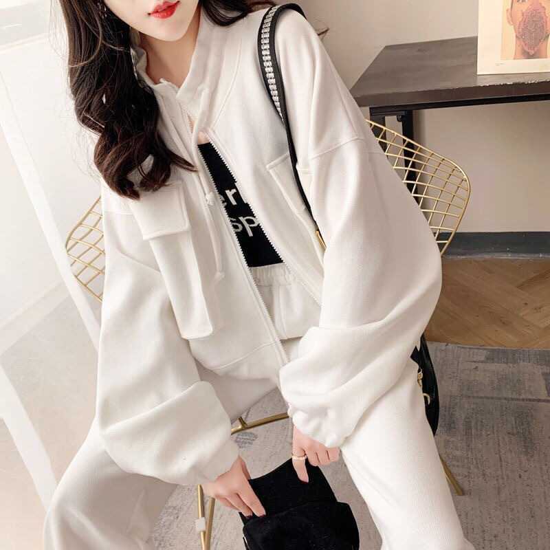 Fashion Casual Exercise Suit Female 2022 Spring and Autumn New Pure Color All-Matching Loose-Fitting Slimming Pants Two-Piece Suit Female Fashion