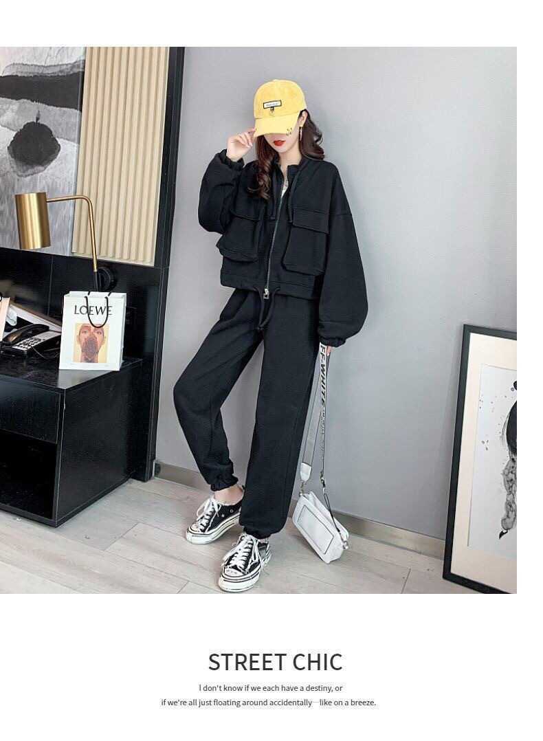 Fashion Casual Exercise Suit Female 2022 Spring and Autumn New Pure Color All-Matching Loose-Fitting Slimming Pants Two-Piece Suit Female Fashion
